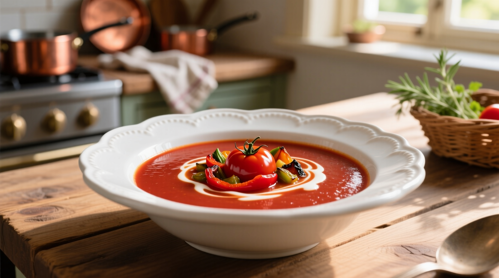 Roasted tomato red pepper soup in white bowl