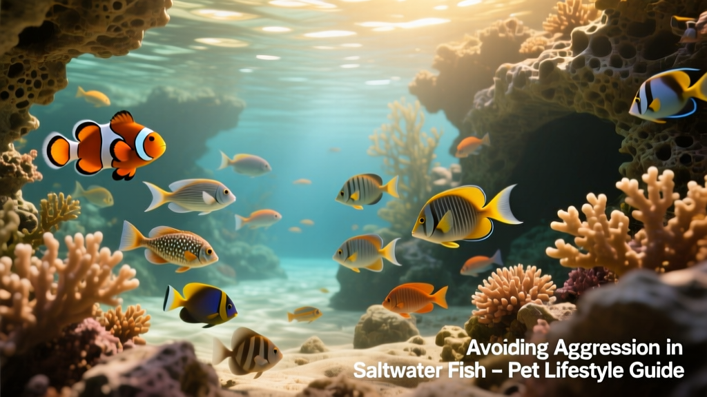 Saltwater aquarium with diverse fish species, showing clear swimming space and abundant live rock structures for hiding