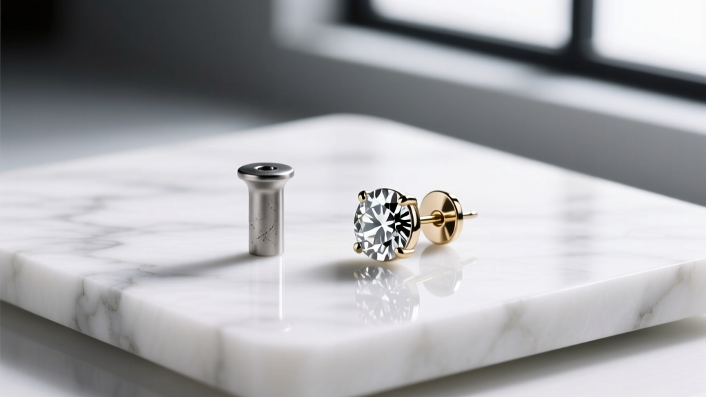 Side-by-side comparison of a dull surgical steel post and a polished implant-grade titanium post earring on a white marble slab