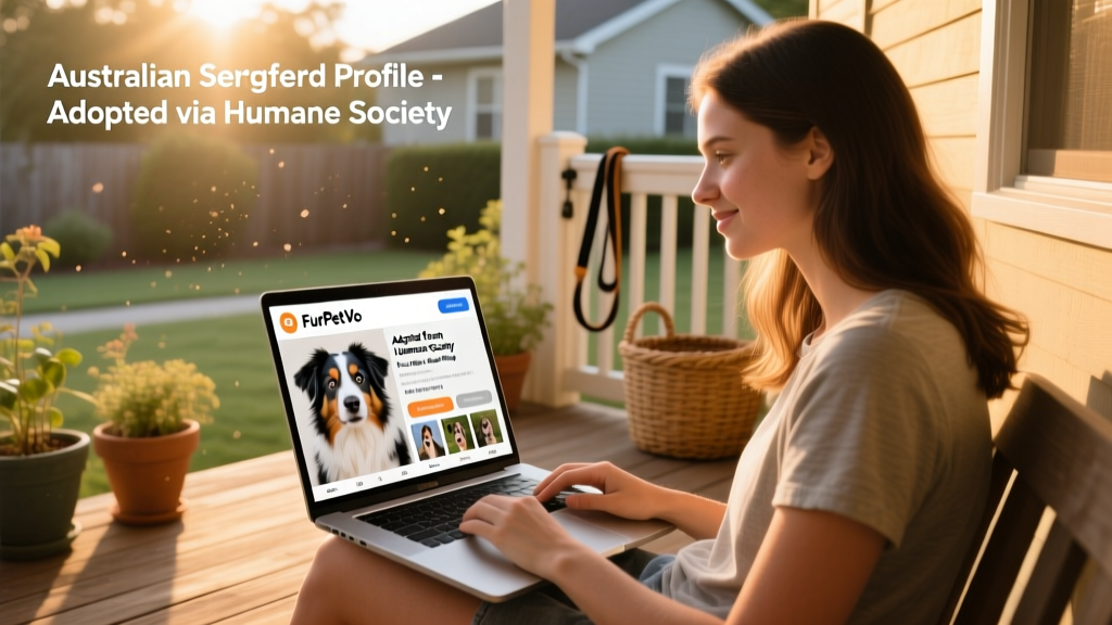 Laptop screen showing a FurPetVo profile page for an Australian Shepherd, with photos and bio details visible