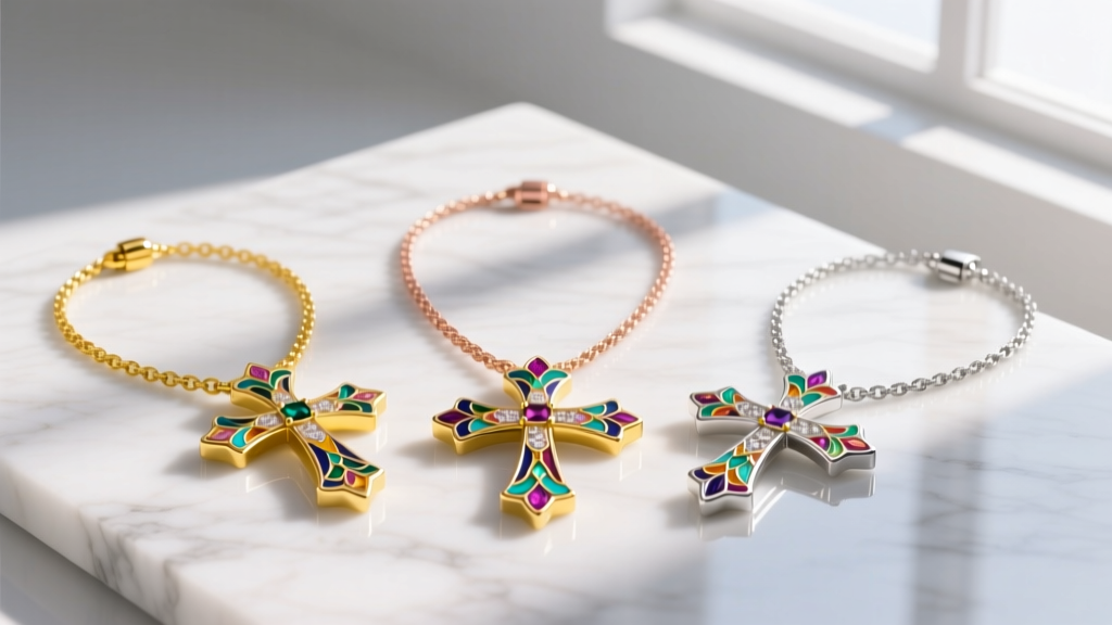 Flat lay of three mary and cross necklaces in yellow gold, rose gold, and silver, showing varying enamel details on white marble.
