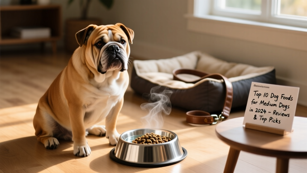 A medium-sized dog — perhaps a calm Bulldog or gentle Whippet — sitting beside a stainless steel bowl filled with kibble and fresh water