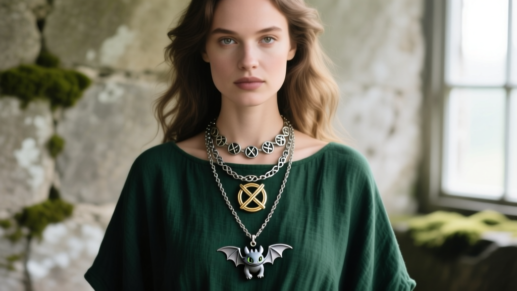 Woman wearing a layered Viking-inspired Valknut rune necklace and a delicate Toothless pendant over a dark green linen tunic top
