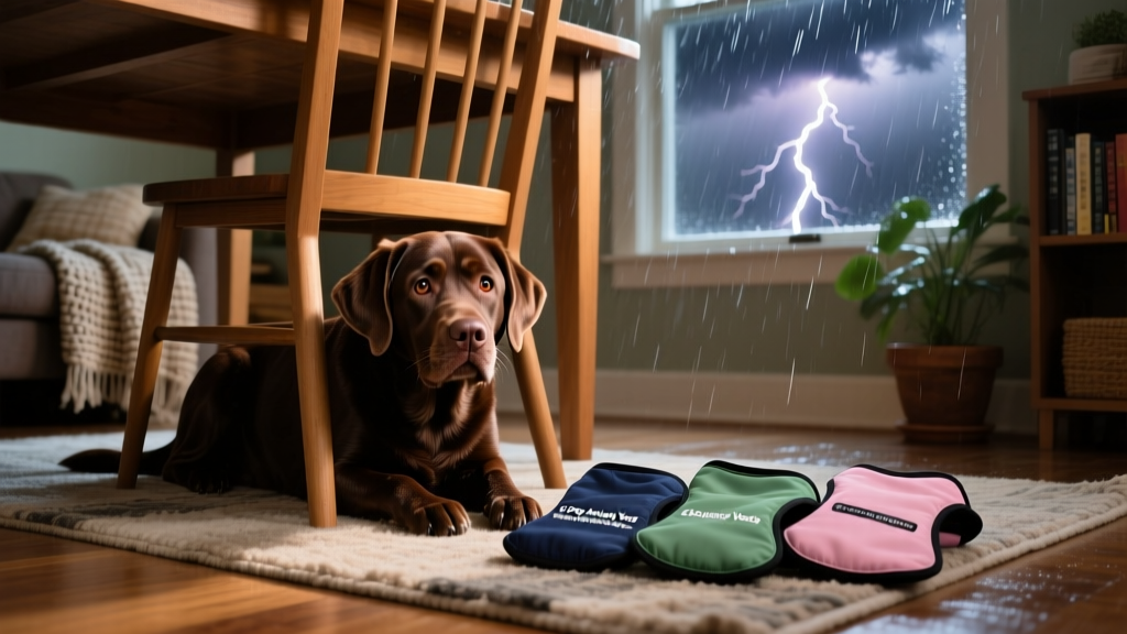 Chocolate Labrador cowering under a chair during a storm