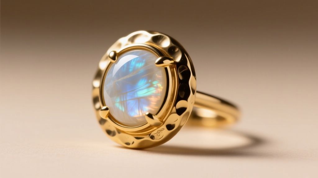 Loupe view of bezel-set raw moonstone in hammered gold boho wedding earring showing secure metal rim under warm studio lighting