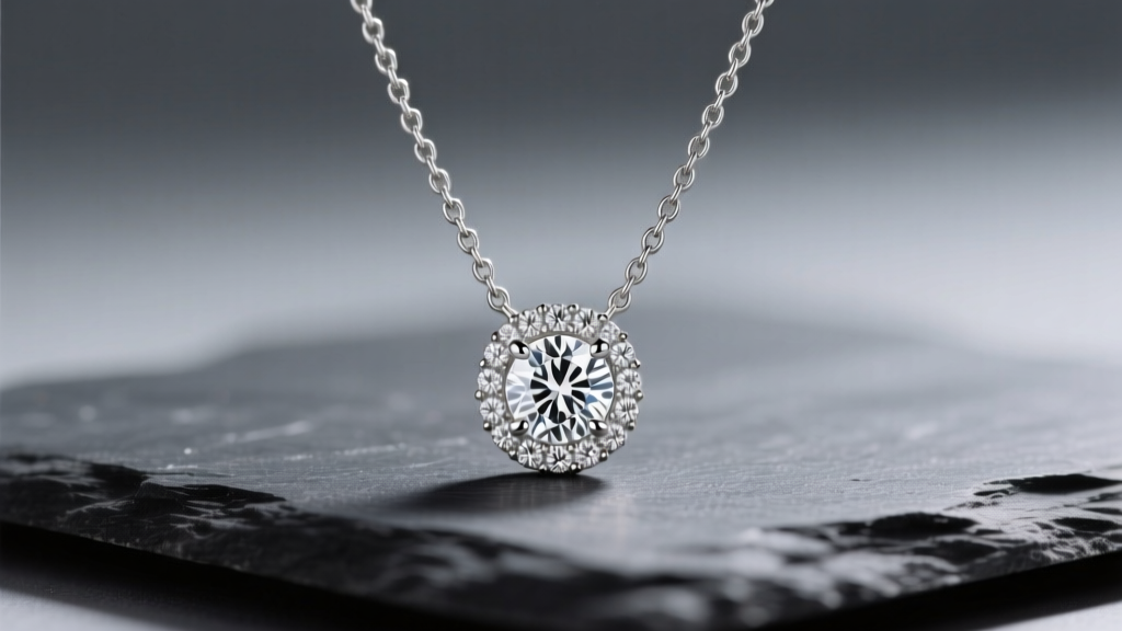 Close-up of an 18k white gold Darry necklace with a micro-pave diamond pendant resting on dark slate under soft studio lighting.
