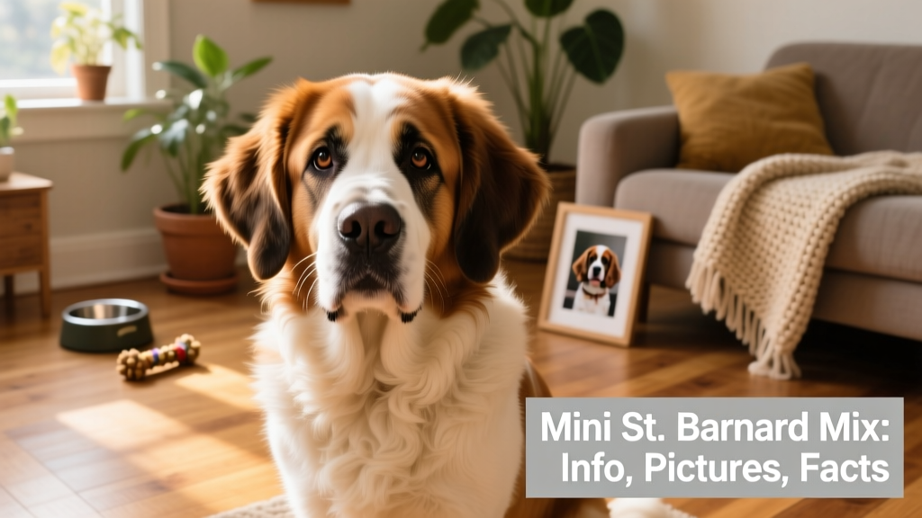 A friendly, medium-sized dog with floppy ears, a soft coat, and warm eyes — representing the Mini St. Bernard mix
