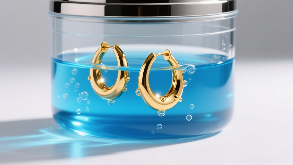 Ultrasonic cleaner tank with blue liquid, 14k gold hoops submerged under bright studio lighting on a jeweler's wooden workbench.