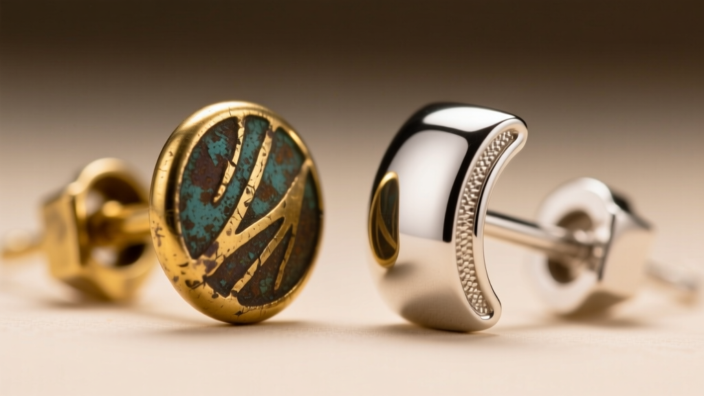 Macro of worn gold-plated brass earring post with oxidation beside pristine vermeil silver post under bright studio lighting.