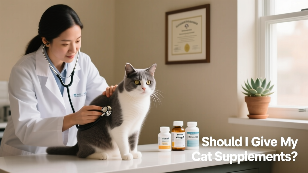 Veterinarian gently examining a calm cat during a routine wellness checkup, with supplement bottles visible on the counter nearby