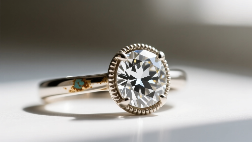 Macro shot of a vintage foil-backed rose-cut diamond ring showing oxidation on the white gold shank and delicate milgrain edges