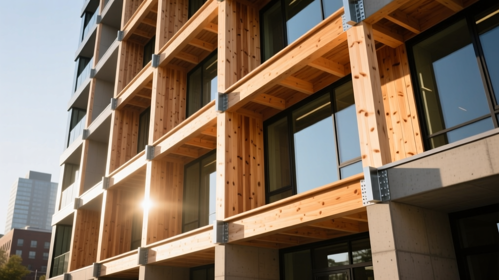 Exposed cross-laminated timber panels and laminated veneer lumber beams supporting a modern commercial mid-rise building structural frame