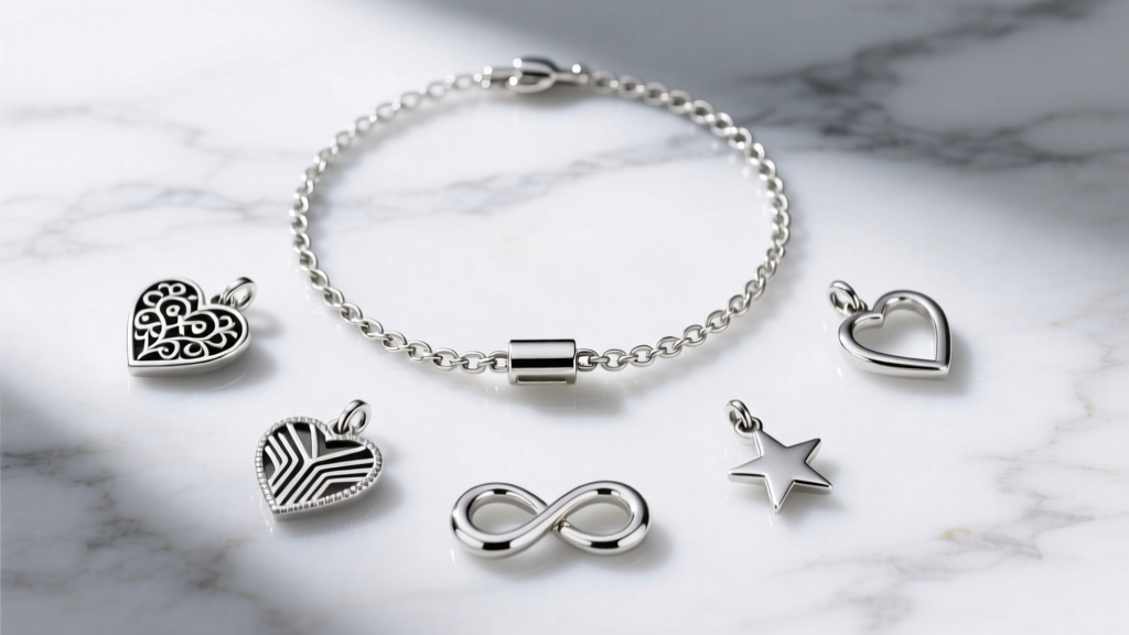 Flat lay of a 2mm sterling silver rolo chain charm holder necklace with five diverse vintage and modern silver charms on marble