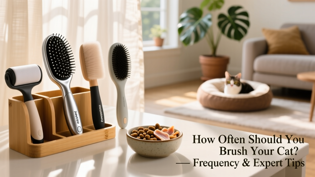 A tidy grooming station with FurPetVo brushes, a lint roller, and a small bowl of cat-safe treats