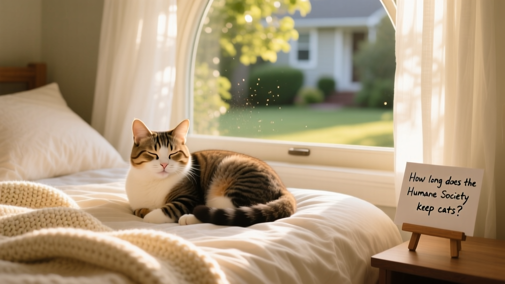 A happy cat curled up on a cozy bed beside a window, bathed in natural light