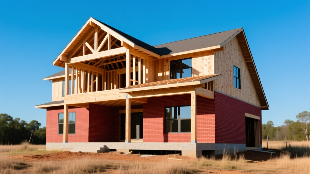 Modern two-story craftsman house under construction in Alabama with exposed wood framing and brick veneer against a clear sky