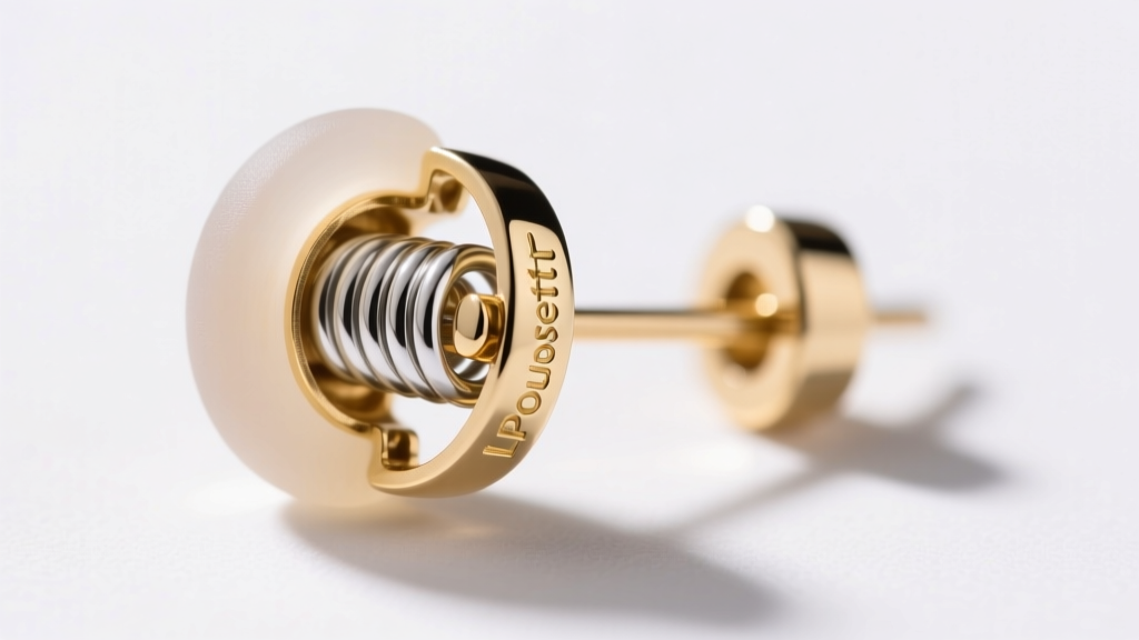 Macro view of a La Pousette spring-loaded earring back, showing internal tension springs and silicone grip pads in 18k white gold
