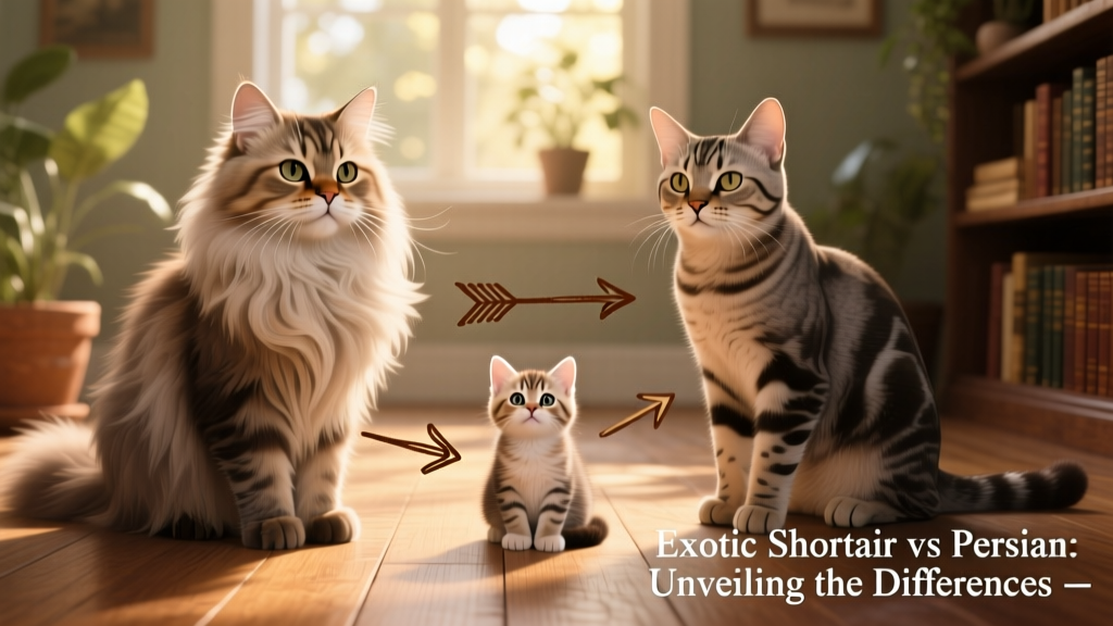 Historical-style illustration showing a Persian cat and an American Shorthair side by side, with arrows pointing to a friendly Exotic Shorthair kitten in the center