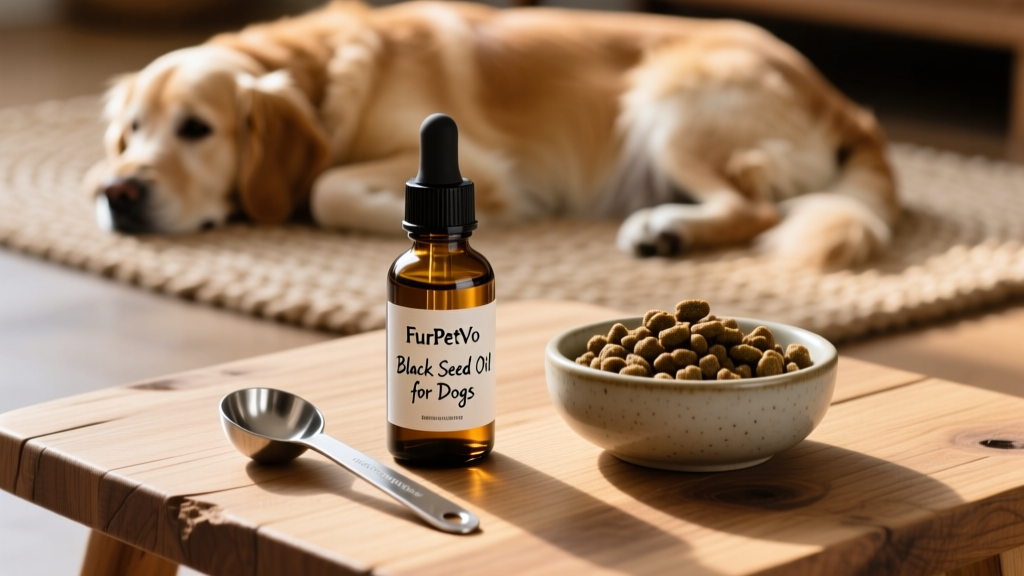 Small glass dropper bottle of FurPetVo Black Seed Oil next to a measuring spoon and a bowl of kibble