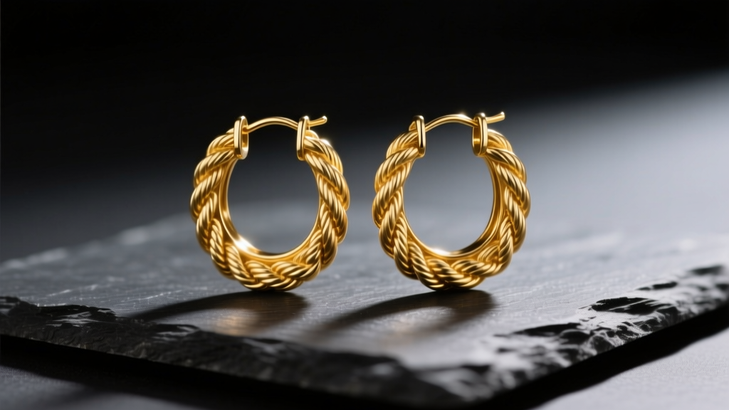 Vintage 1980s 14k yellow gold textured rope hoop earrings resting on dark slate, illuminated by dramatic, moody studio lighting.