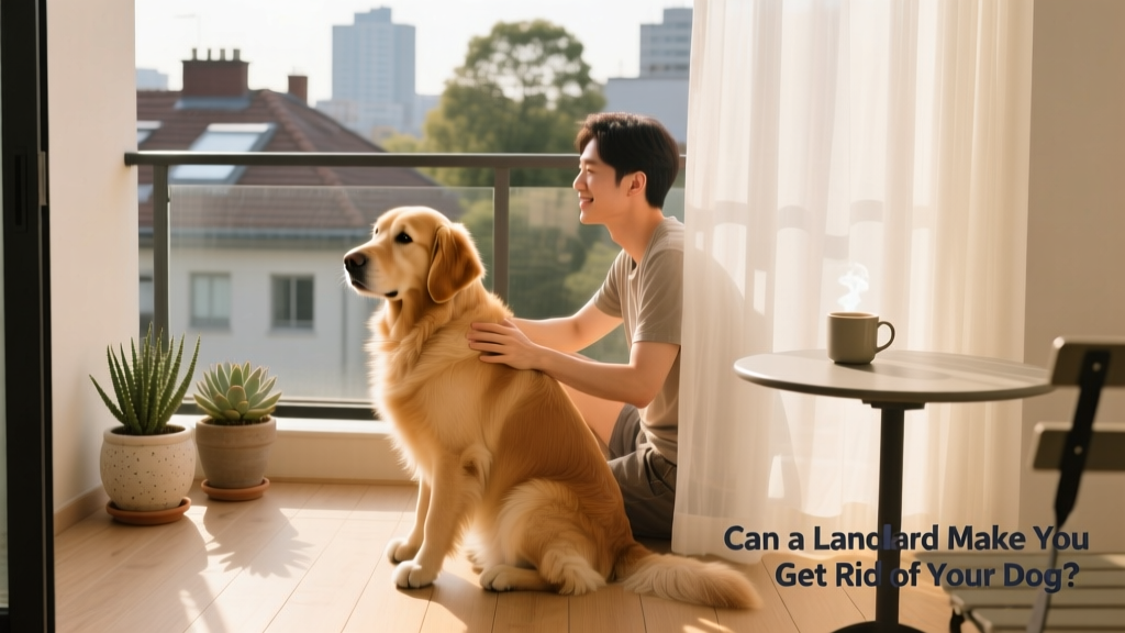 A calm, well-behaved dog sitting beside its owner on a rental apartment balcony