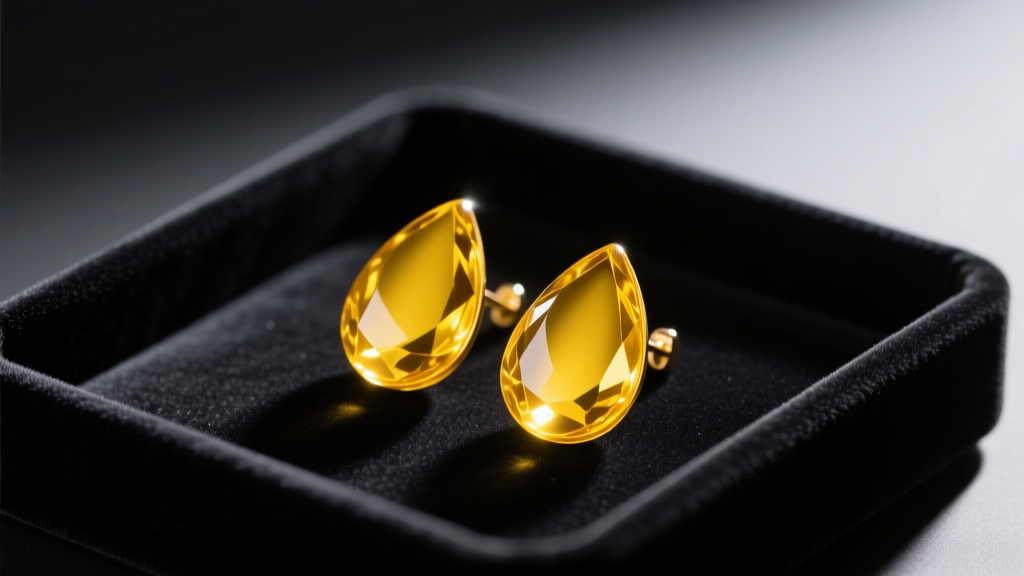 Glossy yellow teardrop resin Potara earrings resting on a dark velvet jewelry display tray under soft warm studio lighting setup.