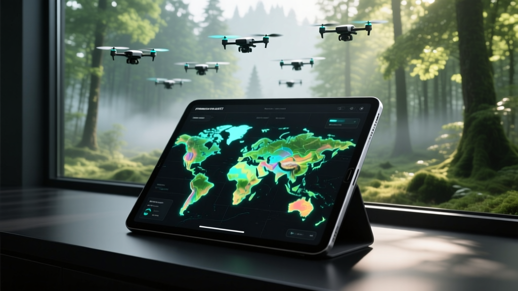 Futuristic tablet interface displaying a 3D topographical point cloud map generated by a swarm of autonomous mapping drones over a forest