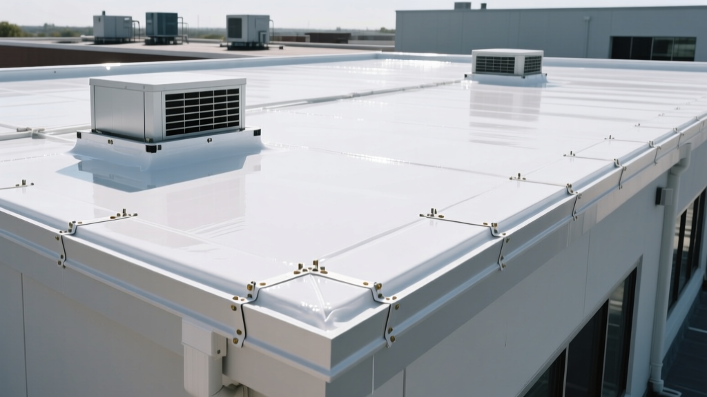 Commercial flat roof being coated with white liquid-applied silicone waterproofing membrane, showing detailed flashing around HVAC curbs and parapet walls