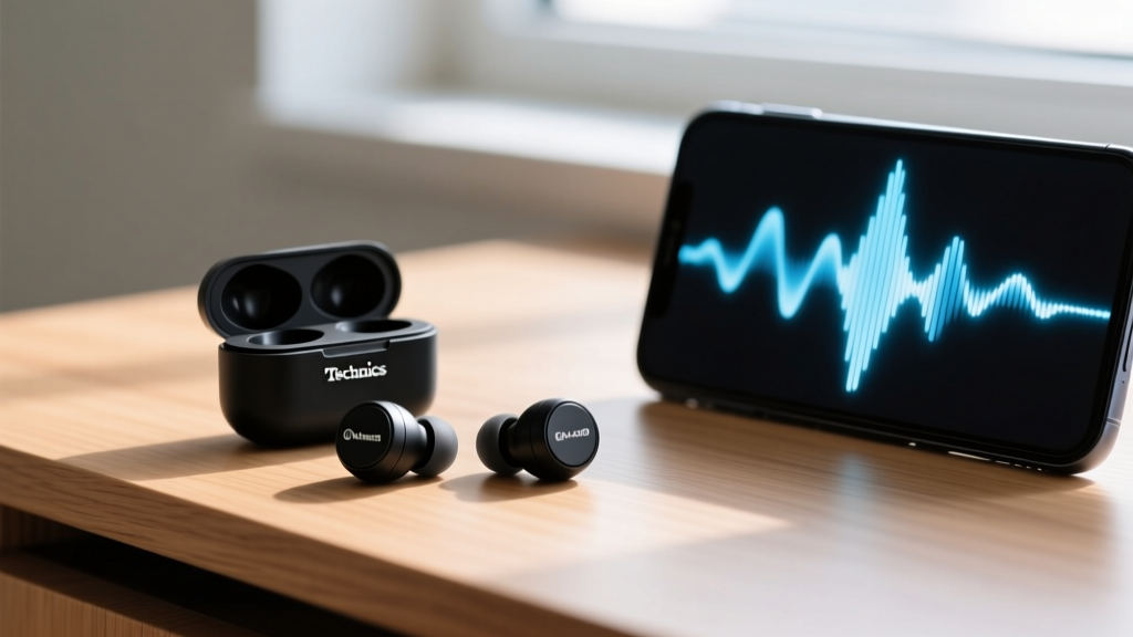 Close-up macro shot of Technics EAH-AZ100 wireless earbuds resting on a wooden desk next to a smartphone displaying an audio waveform