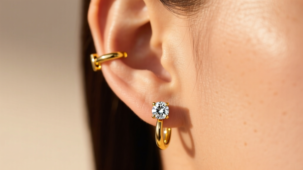 Close-up of an earlobe wearing 14k yellow gold 1 carat diamond huggie earrings with a secure snap clasp in warm natural sunlight
