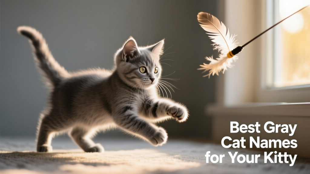 A playful gray kitten chasing a feather toy against a soft gray backdrop