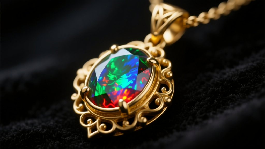 Macro photo of a 14k yellow gold pendant with a bezel-set Ethiopian opal on dark velvet, inspired by fantasy gaming aesthetics