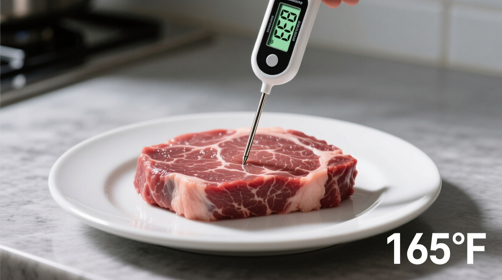 Digital thermometer measuring ground beef temperature