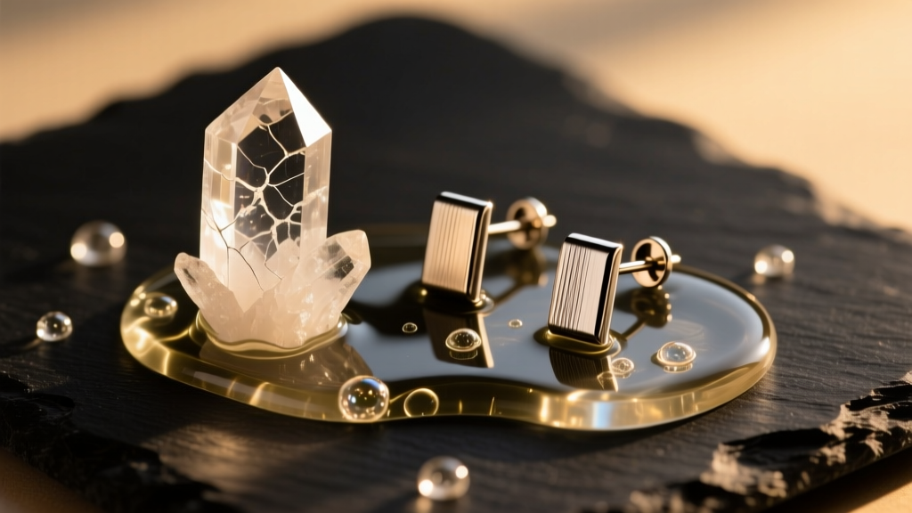 Macro shot of raw quartz crystals, titanium earring posts, and resin on a dark slate surface under warm directional lighting