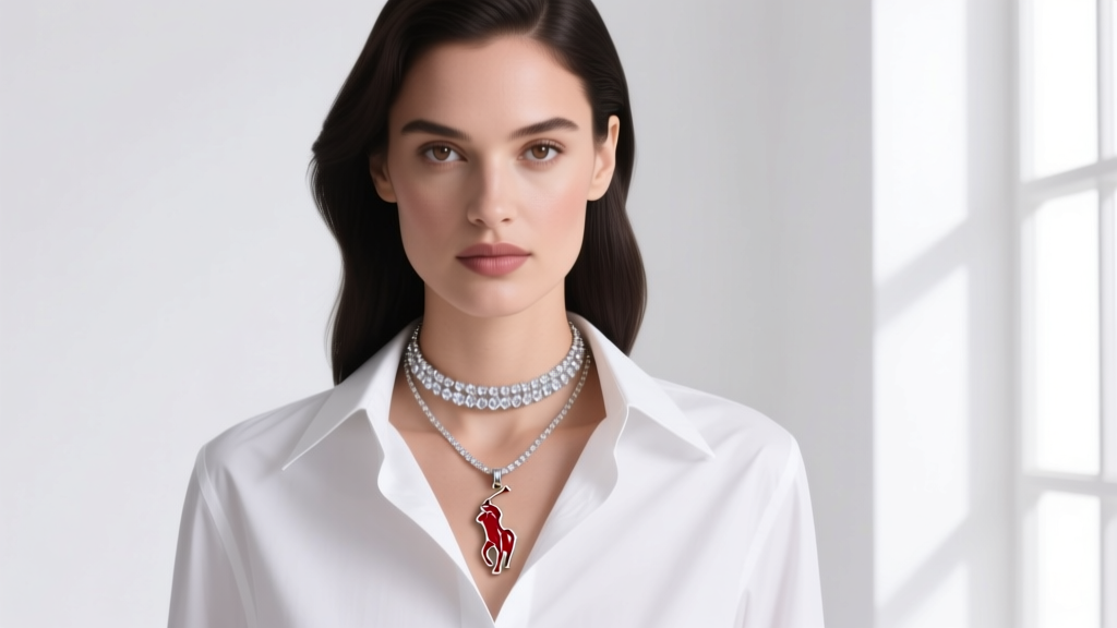Woman wearing a layered Polo Ralph Lauren enamel flag pendant and a delicate crystal choker against a crisp white oxford shirt.