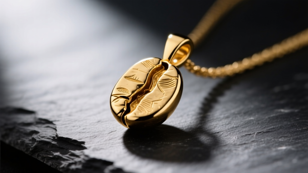 Macro shot of a 14k solid gold coffee bean pendant showing intricate casting details in the center crevice, resting on dark slate