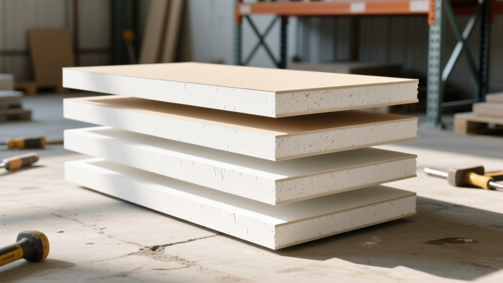 Stacked 5/8-inch Type X gypsum boards showing tapered edges, paper facing, and gypsum core in a bright construction supply yard.