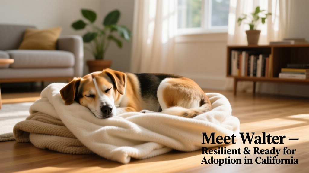 Walter curled up on a cozy pile of blankets in a sunlit living room, eyes half-closed and relaxed