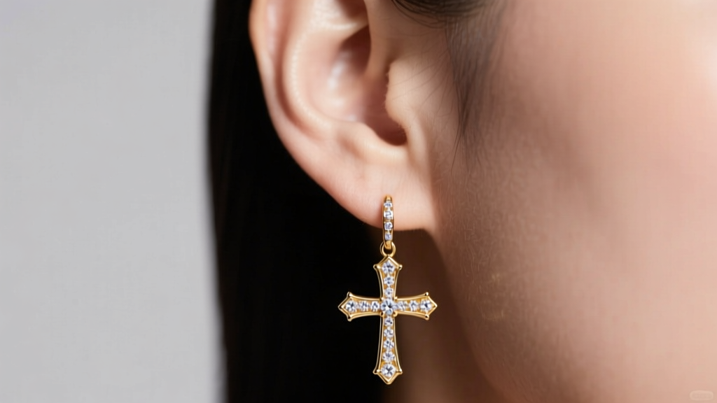 Close-up of a woman wearing an ornate 18k gold dangly cross earring with diamond accents, soft studio lighting on the earlobe