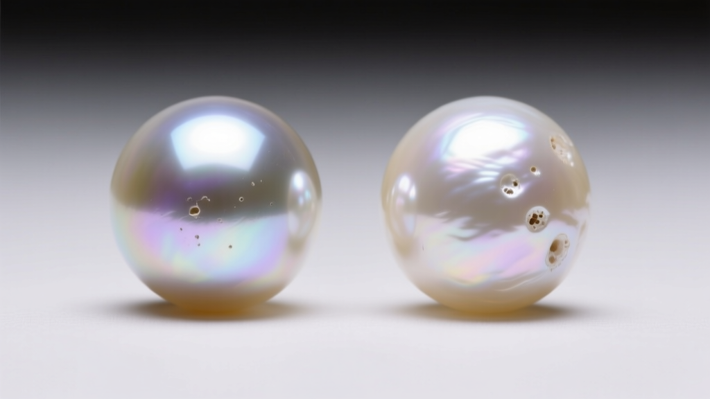 Macro photography comparing a blemished low-grade freshwater pearl beside a flawless AAA Hanadama Akoya pearl under studio lighting