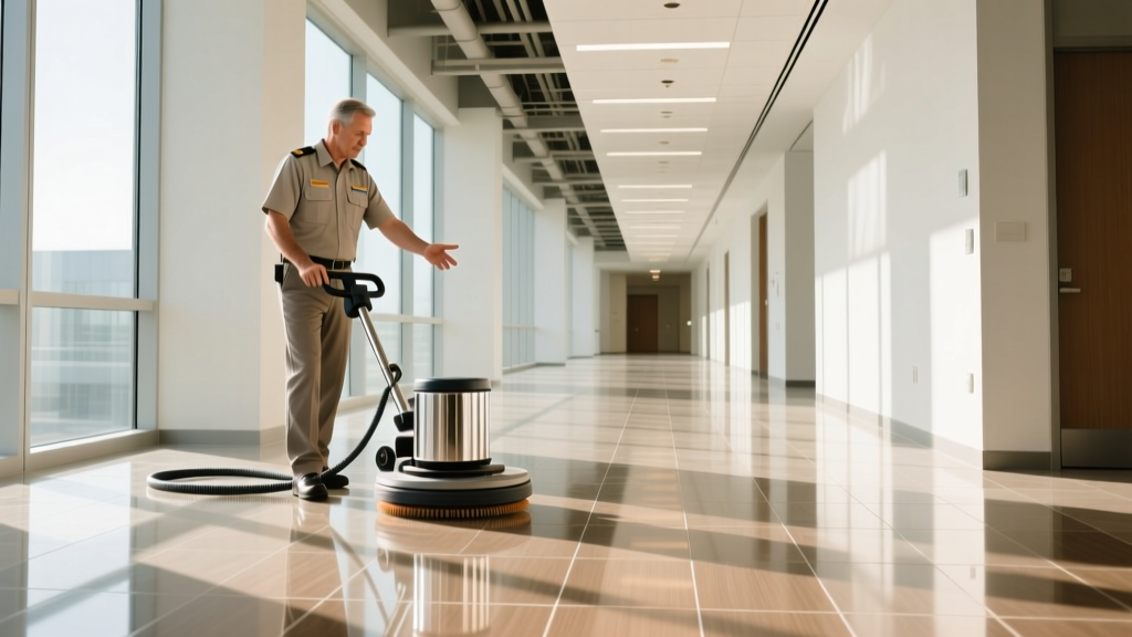 Facility manager inspecting a freshly burnished vinyl composition tile floor in a large commercial hallway with a high-speed floor buffer nearby