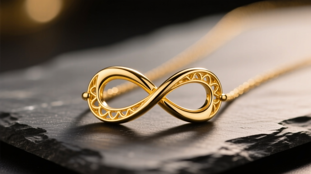 Close-up of a polished 14k yellow gold necklace infinity pendant on dark slate under soft, warm directional studio lighting.