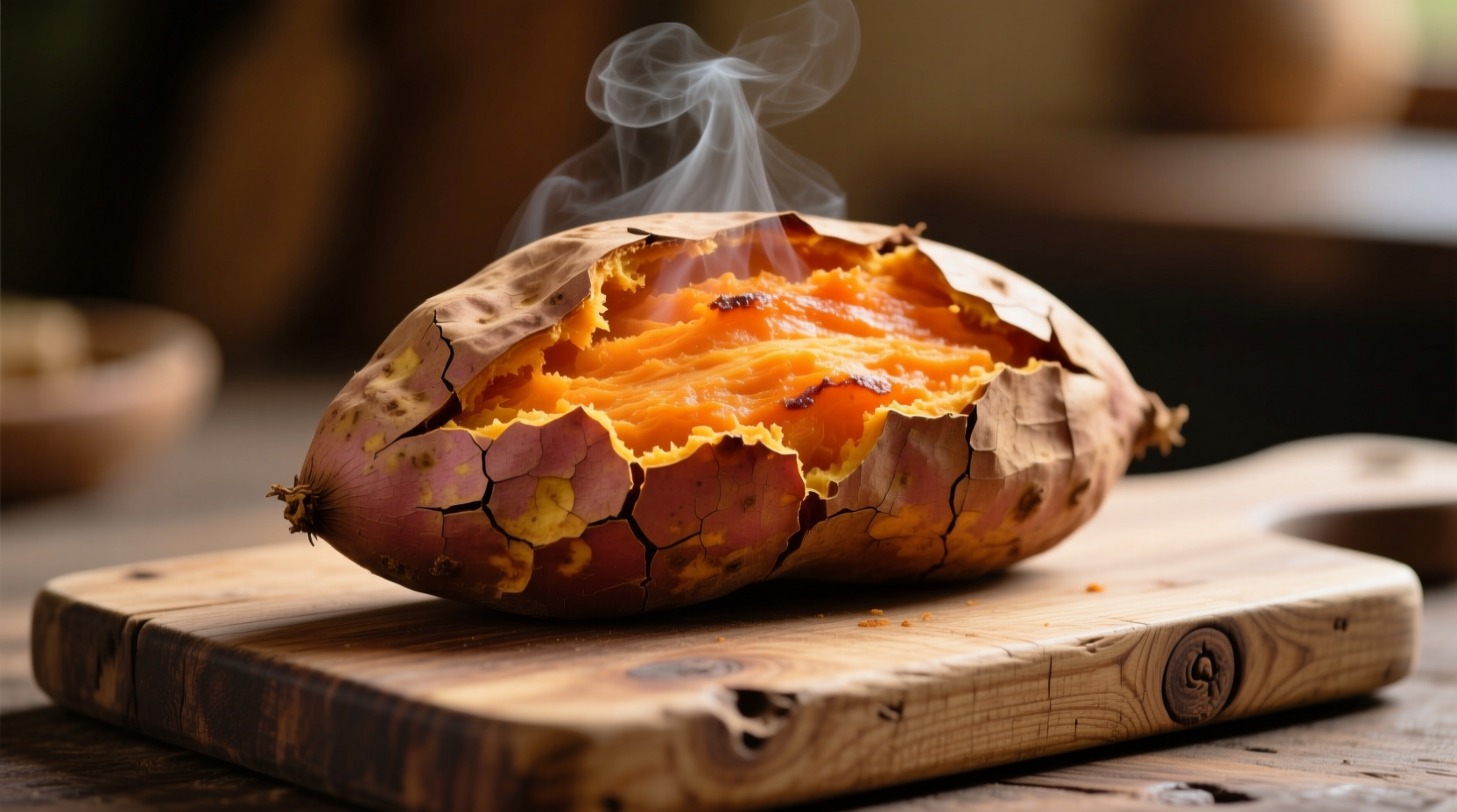 Large baked sweet potato with skin on wooden cutting board