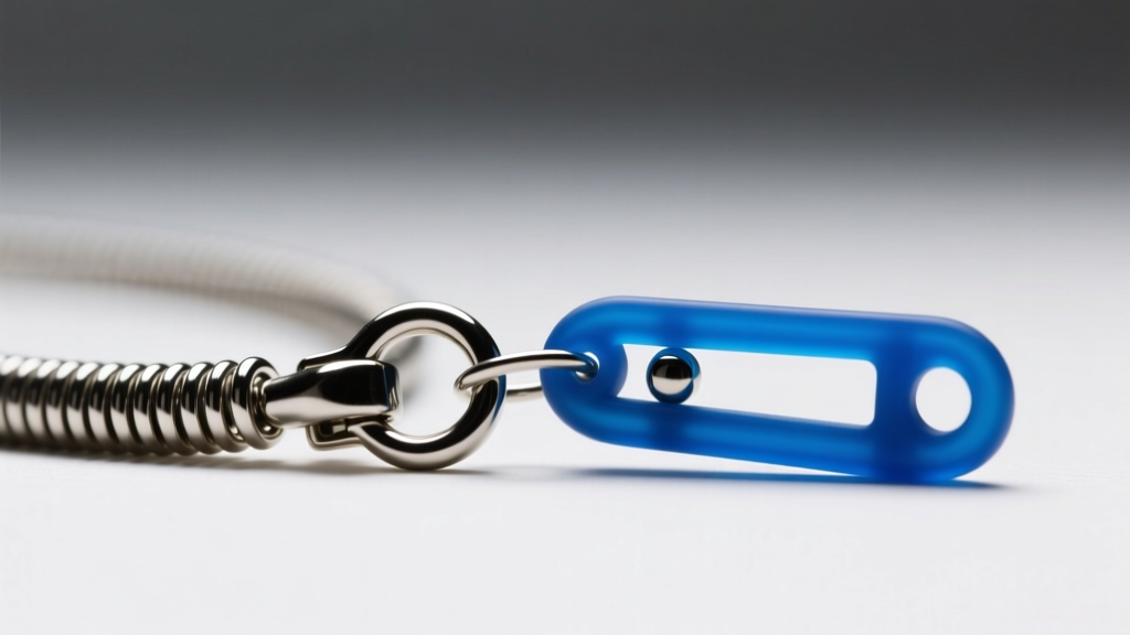 Macro shot of a low-tension spring clasp and a 3mm silicone breakaway safety pin for alternative punk necklaces, sharp focus.