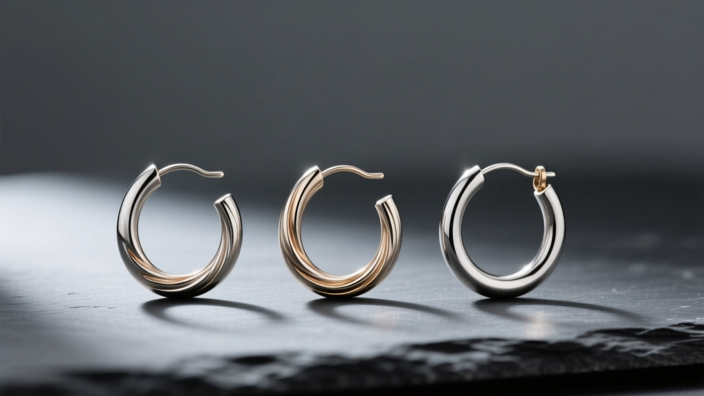 Three continuous hoop earrings in 20, 16, and 14 gauge thicknesses on dark slate, soft lighting highlighting the metal textures.