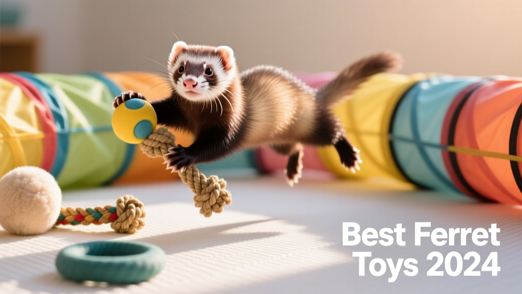 A happy ferret playing with a mix of tunnels, balls, and chew toys on a clean play mat