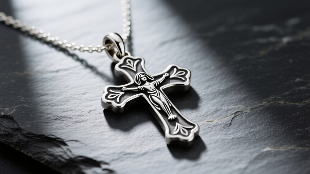 Sterling silver James Avery St Teresa cross necklace on slate, highlighting deep oxidized relief details and a sturdy rounded bail