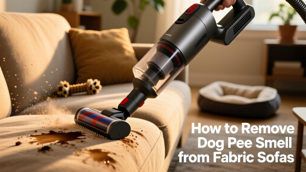 Side view of a vacuum with hand attachment being used to clean a stained section of a fabric sofa