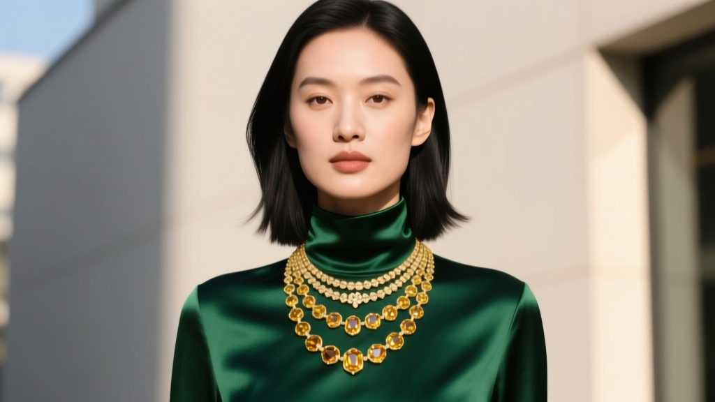 Model wearing layered 14k and 18k gold citrine necklaces over a dark green turtleneck, captured in bright natural daylight