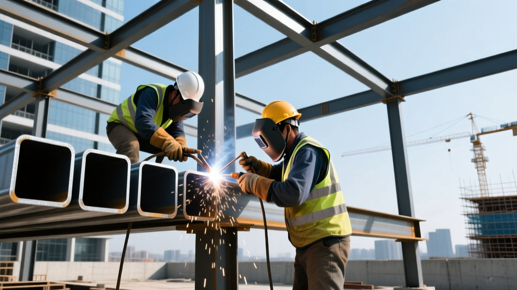 Structural ironworkers welding square hollow structural steel tube framing sections together on a modern commercial building skeleton